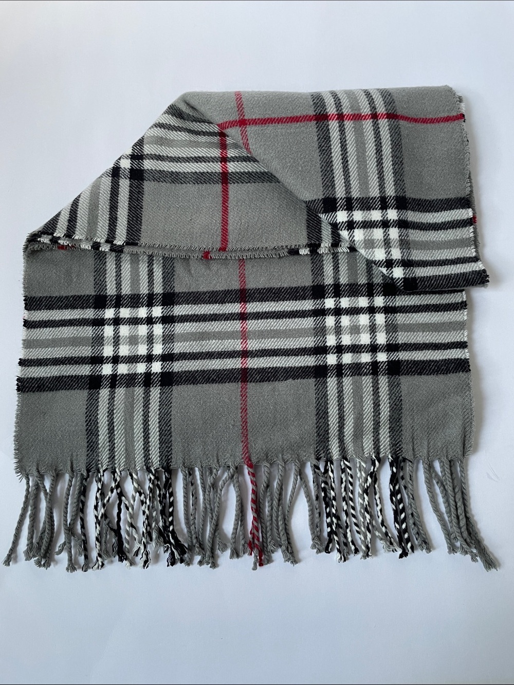 Classic Plaid Cashmere Scarf with Fringe - Gray, Black, White, Red - Picture 3 of 3
